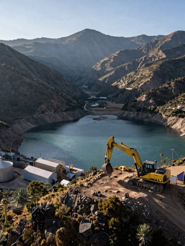 Vista aérea de un reservorio de agua industrial en la sierra peruana, maquinaria pesada operando en el margen derecho, luz natural de mañana de alta montaña.