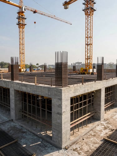 Wide-angle shot of a massive concrete foundation under construction with heavy cranes and steel reinforcement grids, bright morning light, high contrast