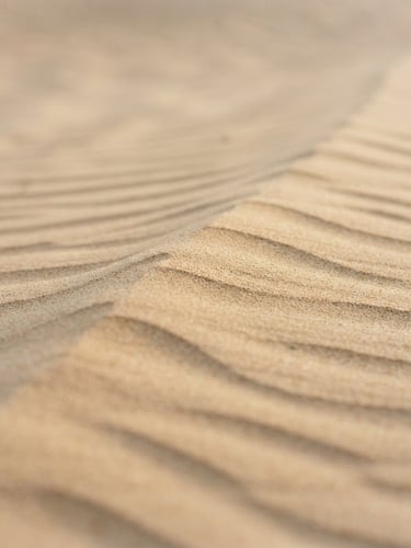 Minimalist macro photography of soft sand ripples, gentle morning shadows, warm sand tones, clean composition, high negative space, quiet contemplative mood.