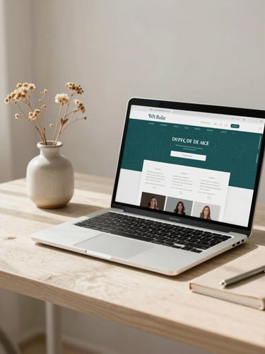 Elegant minimalist creative workspace with soft natural daylight, linen textures, a sleek laptop showing a clean website layout, and a small ceramic vase with dried flowers, 35mm photography