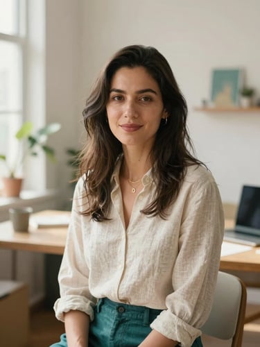Warm editorial portrait of a female tech founder in a sunlit creative workspace with linen textures, soft natural lighting, shallow depth of field, 35mm