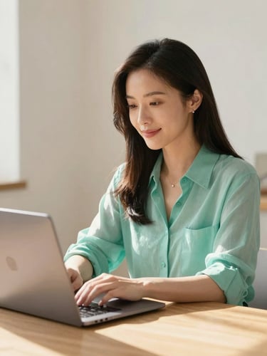 Warm editorial portrait of a female digital creator in a sunny studio, sleek laptop on a wooden desk, soft daylight, pastel tones with rich teal accents, 35mm