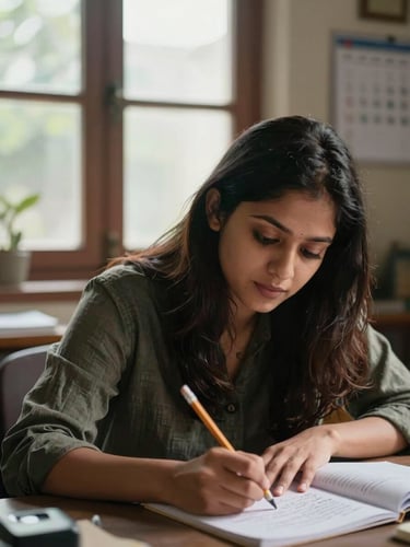 Close-up portrait of a female tutor in her late twenties reviewing handwritten notes at a study table, soft natural window light, pencil in hand, home study room background with a wall calendar visible, residential Patna interior
