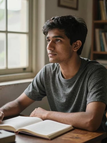 Close-up portrait of a young male tutor seated at a study desk in a home room, natural daylight from a nearby window, open notebook in front of him, relaxed and attentive expression, indoor Patna neighbourhood setting