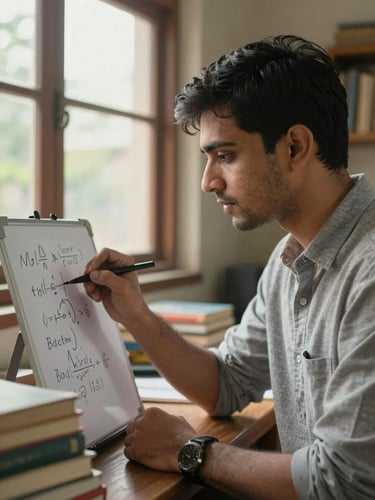 Close-up portrait of a mid-twenties male tutor writing on a small whiteboard at a home desk, natural overcast daylight, handwritten equations visible, books stacked to the side, warm indoor Patna neighbourhood room