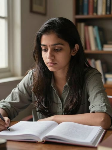 Close-up portrait of a young female tutor at a wooden table with open textbooks, soft window light from the side, calm focused expression, home interior background with a bookshelf, Patna residential setting