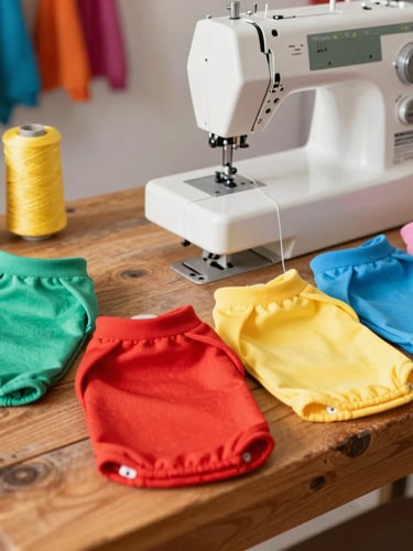 Bright cheerful pet clothing workshop in Celaya, colorful fabrics and threads on a rustic wooden table, sewing machine in the background, warm natural daylight, eye-level angle, 35mm