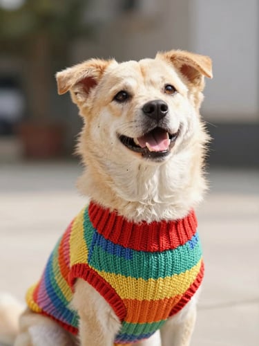 Bright cheerful pet photography, natural daylight, a happy dog looking up wearing a colorful handmade knit sweater, warm tones, eye-level angle, shallow depth of field, 35mm