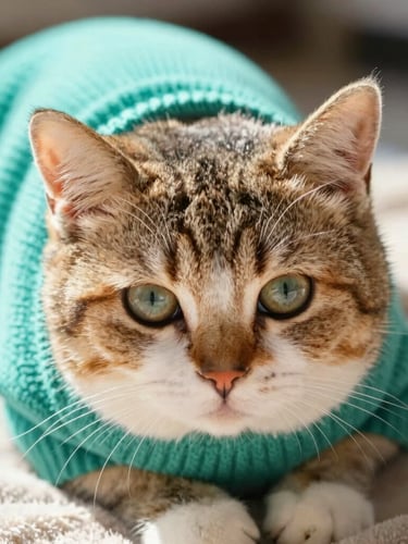 Eye-level close-up of a small cat wearing a cozy teal knit sweater, resting on a soft blanket, warm natural daylight, shallow depth of field, showing the soft texture of the fabric