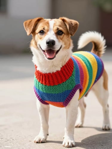 Bright cheerful pet photography of a happy three-legged dog wearing a custom colorful knit sweater, warm natural daylight, eye-level angle, shallow depth of field