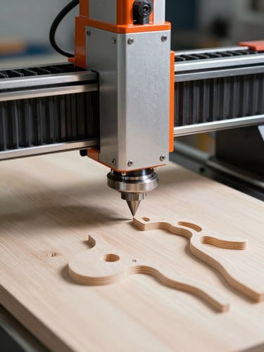 Close-up of a high-precision CNC router milling a wooden product prototype, safety orange accents on the machine, hard studio lighting, high contrast