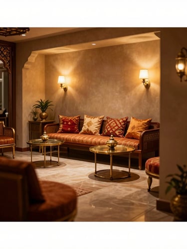 Elegant interior shot of Eshitha Events studio in Mysuru, warm ambient light, traditional brass accents, comfortable seating, shallow depth of field, 35mm