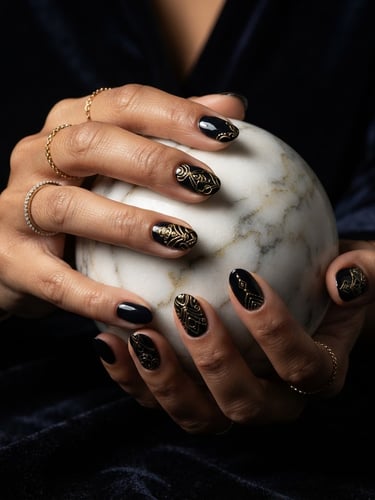 Macro close-up of hands holding a sculptural marble orb, showcasing high-gloss deep obsidian nails with intricate gold 3D line art, dramatic side lighting, rich dark background