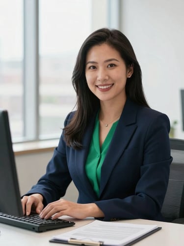 Professional portrait of an authorized tax preparer in a bright Dallas office, clean desk, soft natural daylight, professional and trustworthy look