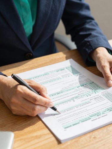 Close-up of a professional tax advisor's hands reviewing clean tax forms on a wooden desk, warm gold sunlight, deep navy and emerald tones, 35mm lens