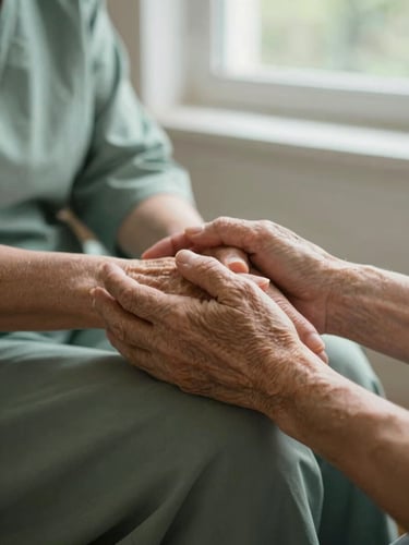 A close-up of an elderly woman's hands resting warmly inside her caregiver's hands, soft natural window light, muted sage green tones, shallow depth of field, 35mm photography.