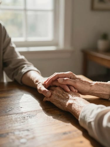 A warm sunlit living room, soft morning light filtering through a window, a caregiver's hand gently resting on an elderly woman's hand on a wooden table, warm tones, 35mm