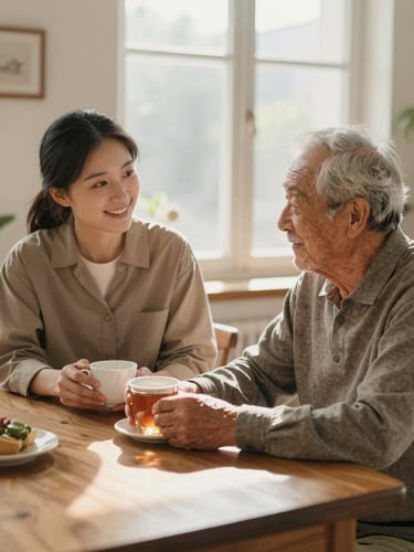 A caregiver and an elderly gentleman sitting at a sunlit wooden table, sharing a cup of tea and smiling softly, warm home interior, 35mm photography.