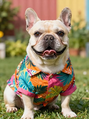 A cheerful French Bulldog wearing a vibrant, colorful tropical print shirt, sitting happily in a sun-drenched garden, warm natural daylight, sharp focus, 50mm