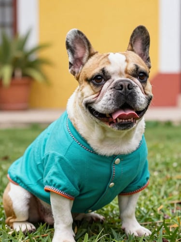 A joyful French bulldog wearing a vibrant hand-sewn teal shirt, sitting in a sunny garden in Mexico, bright natural daylight, colorful cheerful background, sharp focus, shallow depth of field, 50mm