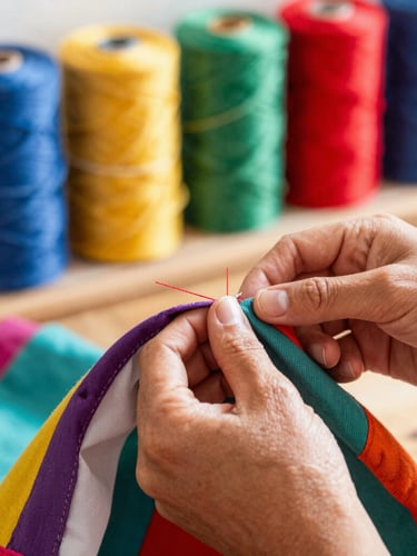 Close-up of hands carefully stitching a colorful fabric garment for a pet inside a warm, sunlit workshop in Celaya, textile rolls in the background, sharp focus, shallow depth of field, 50mm