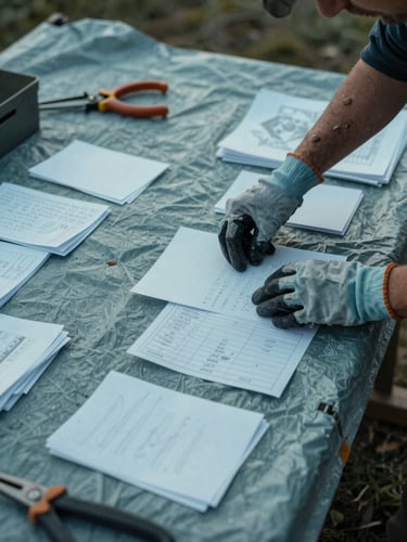 Close overhead shot of gloved hands carefully sorting and organizing cleared materials on a tarpaulin outside a Normandy property, overcast daylight, muted blue-green tones, tools visible at frame edge, no faces