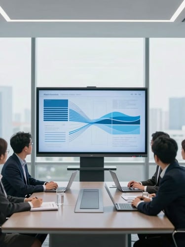 Modern executive boardroom with architectural lines, a focused team collaborating around a large screen displaying abstract data flows, bright natural daylight, cool desaturated blue and gray tones.