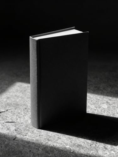 A single dark book placed vertically like a minimalist sculpture on a stone surface, sharp side light, long dramatic shadows, editorial studio photography