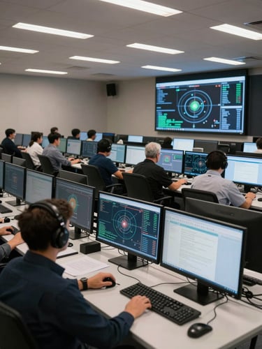 Wide environmental shot of a professional security operations center in Dubai — rows of analyst workstations with multiple monitors displaying infrastructure dashboards, controlled overhead lighting, no dramatization, authoritative and operational in feel