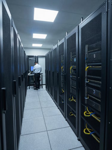 Wide environmental shot of a modern server infrastructure facility in Dubai, rows of high-density server racks under cool white overhead lighting, cable management visible in foreground, technician in background reviewing a terminal screen, institutional and precise