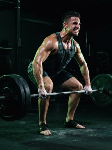 Dynamic low-angle shot of a male athlete mid-lift, visible sweat, knurled barbell in foreground, high-contrast neon green rim lighting, deep shadows, 35mm lens.