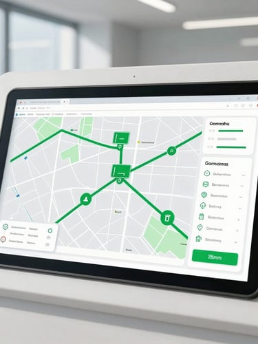 A clean high-tech logistics control panel interface displaying a map with active delivery routes, bright daylight, emerald green accents, sharp focus, 35mm