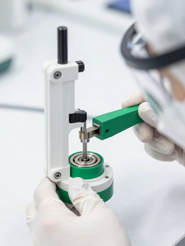 Sharp macro close-up of a technical component being calibrated by a specialist wearing clean protective gear, bright white studio light, emerald green details, sharp focus