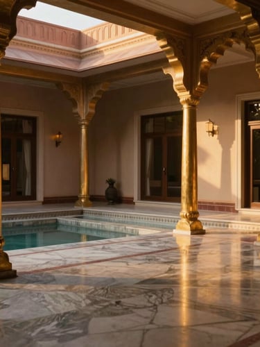 Wide environmental architectural shot of a luxurious private villa courtyard in Jaipur, marble floors reflecting warm golden-hour light, bespoke brass columns