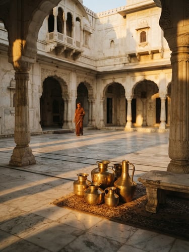 Dramatic golden-hour sunlight casting long shadows across a white marble courtyard in Jaipur, brass vessels gleaming, warm editorial interior photography, 35mm