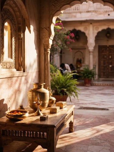 Warm editorial interior photography of a sun-dappled marble courtyard in Jaipur, golden-hour window light casting long dramatic shadows across bespoke brass fixtures, 35mm shallow depth of field