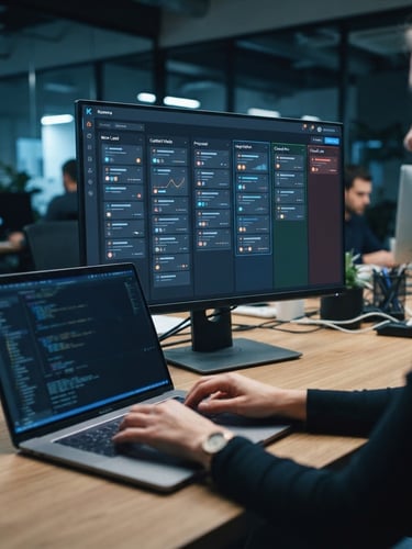Clean dashboard of Kommo CRM showing active sales pipeline with deal cards, electric blue accents on dark screen, hands typing on a laptop nearby, cool tech studio lighting, modern editorial office photography