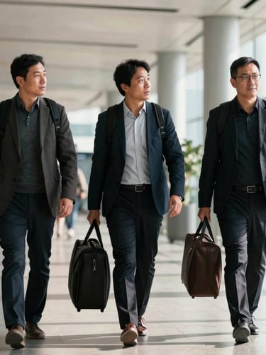 Three professionals in smart casual attire walking through a modern, sunlit airport terminal carrying minimal luggage, candid documentary style, deep contrast