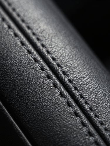Extreme macro close-up of a double-stitch seam on a leather dashboard, dramatic side light highlighting the flawless alignment and material tension.