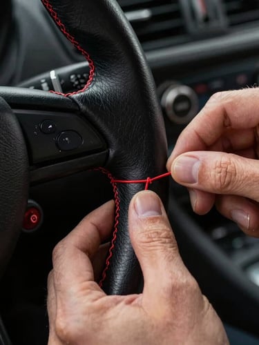 Extreme macro close-up of hands hand-stitching black Nappa leather onto a sports car steering wheel with thick crimson red thread, dramatic directional key lighting highlighting the leather grain, dark workshop background.