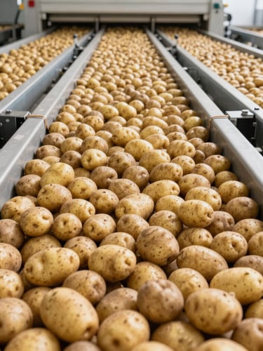 Wide panoramic shot of a modern, clean agricultural sorting facility in Spain, bright natural daylight illuminating rows of fresh potatoes on a conveyor, 35mm