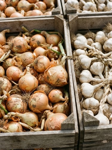 Close-up of freshly harvested golden onions and white garlic in clean wooden crates under bright natural daylight, 35mm