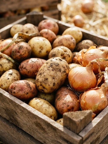 Detailed close-up of fresh Spanish potatoes and golden onions in a clean wooden crate, warm natural sunlight, professional agricultural photography, 35mm