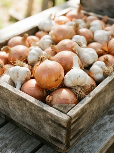 Close-up of premium golden onions and clean white garlic bulbs in a rustic wooden crate, bright natural sunlight, rich earthy tones, 35mm