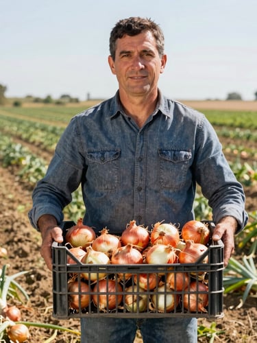 Vertical portrait of a proud Spanish farmer standing in a sunlit agricultural field holding a crate of fresh onions, clean corporate agricultural aesthetic, natural lighting, 35mm