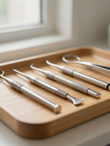 Close-up of clean, sterile dental instruments arranged neatly on a warm wooden tray, soft natural window light, shallow depth of field, professional editorial photography