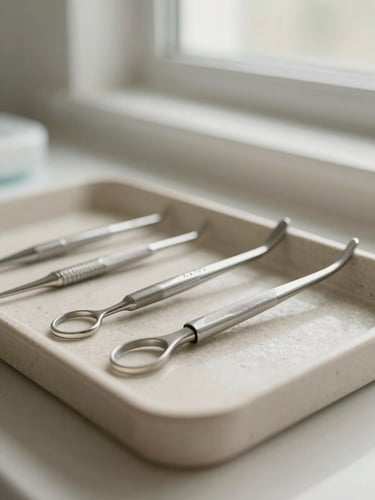 Close-up of clean dental instruments on a stone tray under soft natural window light, muted sage and cream tones, shallow depth of field, professional.