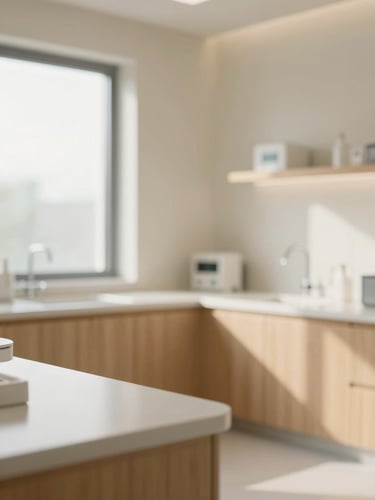 Soft-focus editorial photo of a modern, clean clinical sterilization area and warm wood elements, soft natural light, minimalist.