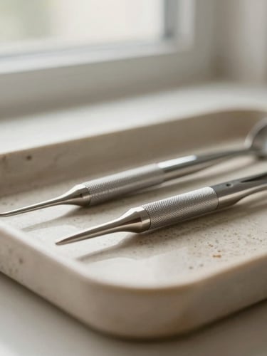 Close-up of clean, sterile dental instruments resting on a natural stone tray under soft diffused window light, shallow depth of field.