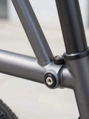 Extreme close-up focusing on a clean, robust folding frame latch and hinge mechanism of a charcoal gray e-bike, soft-shadow studio lighting highlighting the precise welds.